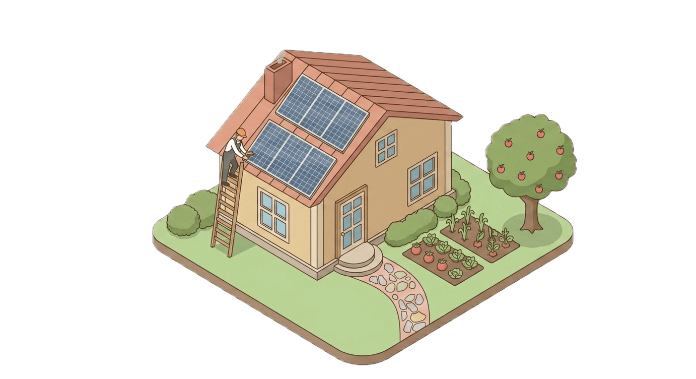 Illustrazione isometrica di una casa con impianto fotovoltaico